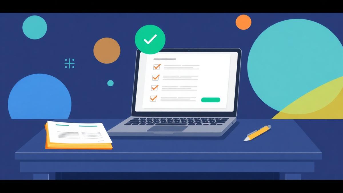 Illustration of a laptop showing a completed registration checklist with a green checkmark badge